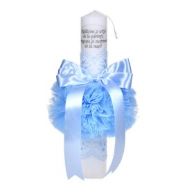 Lumanare botez cu mesaj, decor bleu, cu fundita si dantela, Denikos® C1034 NKO5712