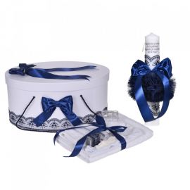 Set botez - trusou botez, lumanare cu mesaj si cutie trusou, decor elegant dantela Bleumarine, Denikos® C1117 NKO5795