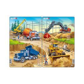 Set 2 Puzzle midi Constructii II, camion, macara, betoniera si excavator, buldozer, orientare tip portret, 20 piese, Larsen KDGLS-U4