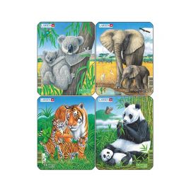 Set 4 Puzzle mini Animale exotice cu Elefanti, Koala, Panda, Tigri, orientare tip portret, 8 piese, Larsen KDGLS-V4
