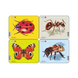 Set 4 Puzzle mini Insecte cu Albina, Buburuza, Fluture, Furnica, orientare tip vedere, 5 piese, Larsen KDGLS-Z2