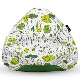 Fotoliu Units Puf Bean Bag tip para L, impermeabil, indoor/outdoor, sac interior, cu maner, 80 x 80 x 60 cm, alb cu legume verzi BEANUNB-PR-L-EXT-036