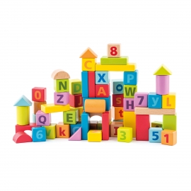 Cuburi din lemn cu litere si numere culori pastelate (60 piese in galeata) TSG91842