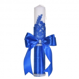 Lumanare botez decor albastru elegant, dantela, margelute si fundita asortata, Denikos® C1189 NKO5965