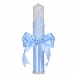 Lumanare botez decor bleu elegant, dantela, margelute si fundita asortata, Denikos® C1190 NKO5966