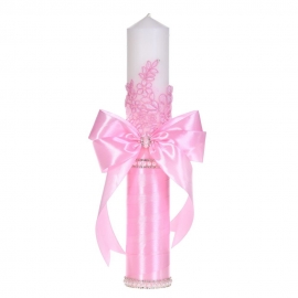 Lumanare botez decor roz elegant, dantela, margelute si fundita asortata, Denikos® C1193 NKO5969