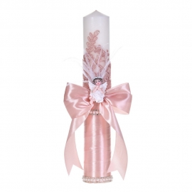 Lumanare botez eleganta decor roz pudra, dantela, ingeras cu pene si fundita asortata, Denikos® C1183 NKO5959
