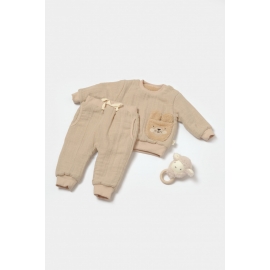Set bluza dublata si pantaloni Ursulet, Winter muselin, 100% bumbac - Apricot, BabyCosy (Marime: 6-9 luni) JEMBC-CSYM7029-6