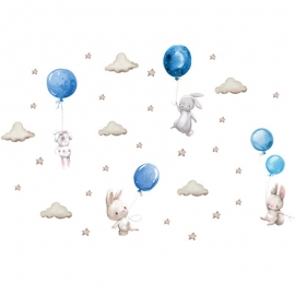 Sticker Decorativ Pentru Copii, Autoadeziv, Iepurasi cu baloane, albastru, 70x49 cm EKDWS63027