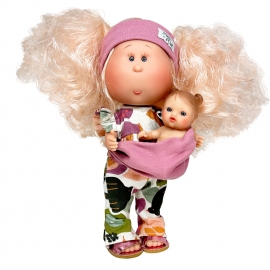 Papusa Nines D'Onil, Mia, cu parul blond, cu bebe, cu articulatii, cu miros de vanilie, 30 cm