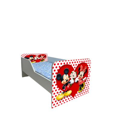 Pat Pentru Fetite Si Baietei Cu Imprimeu Inspirat Din Personajele Mickey Si Minnie, Modelul Sleepy + Saltea Inclusa 140x70 Cm Ptv6054