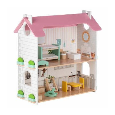 Casuta de papusi, Free2Play, Din lemn, Cu 11 piese de mobilier, Cu acces facil, 48,3 x 21 x 48 cm, 36 luni+, Multicolor BYN85017
