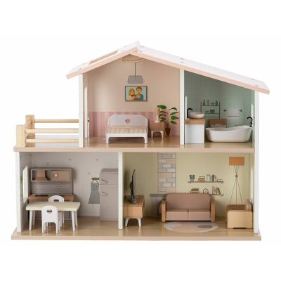 Casuta de papusi, Free2Play, Din lemn, Cu 13 piese de mobilier, Cu acces facil, 52 x 19,5 x 40 cm, 36 luni+, Multicolor BYN85147