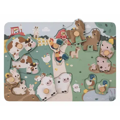 Puzzle din lemn, Free2Play, Cu animalute de la ferma, Cu sunete, Cu maner, Stimuleaza simturile, invatarea prin joc si imaginatia, 29,8 x 21,2 x 3,8 cm, Farm BYN85079