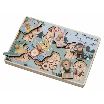 Puzzle muzical din lemn, Free2Play, Cu animalute din jungla, Cu sunete, Cu maner, Stimuleaza simturile, invatarea prin joc si imaginatia, 30x21,5x3,5 cm, Jungle BYN85086