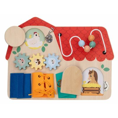 Tablita cu activitati, Free2Play, Din lemn, Cu elemente interactive, Dezvolta coordonarea mana-ochi, 40x30x6,5 cm, 18 luni+, Multicolor BYN85116