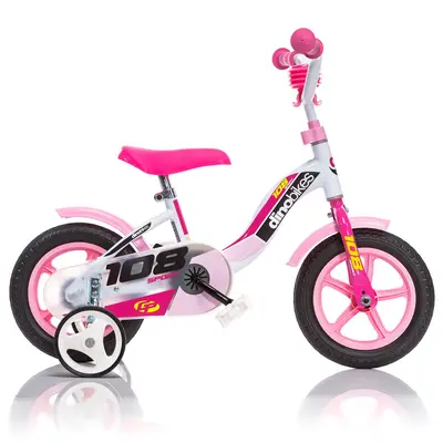Bicicleta pentru copii model 108 Sport DB-108FL-0509 Dino Bikes, 10 inch, culoare alb cu roz SUPDB-108FL-0509