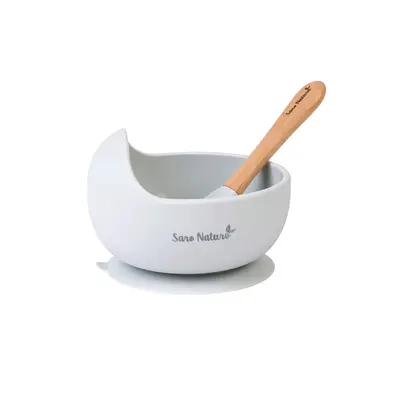 Bol Anti-alunecare Din Silicon Alimentar Si Lingurita, Set De 2 Piese Pentru Diversificare, Grey Pjb17394