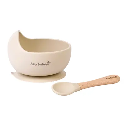 Bol Anti-alunecare Din Silicon Alimentar Si Lingurita, Set De 2 Piese Pentru Diversificare, Sand Pjb17396