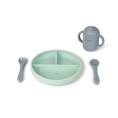 Set Diversificare Bebelusi, Silicon Alimentar Premium, 4 Piese ,   Farfurie Sectionata, Lingurita, Furculita, Cana ,    , œfood  Fun,   Mint Pjb17601