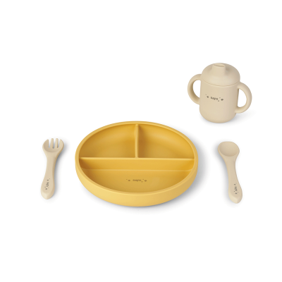 Set Diversificare Bebelusi, Silicon Alimentar Premium, 4 Piese ,   Farfurie Sectionata, Lingurita, Furculita, Cana ,    , œfood  Fun,   Mustard Pjb17602
