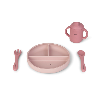 Set Diversificare Bebelusi, Silicon Alimentar Premium, 4 Piese ,   Farfurie Sectionata, Lingurita, Furculita, Cana ,    , œfood  Fun,   Pink Pjb17603
