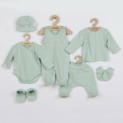 Set pentru bebe, New Baby, I AM, 7 piese, Cu botosei, jacheta maneca lunga, caciulita, body cu maneca lunga, pantalonasi si salopeta cu botosei si manusi, 100% bumbac, Marime 56, 0-3 luni, Mint BYN49101