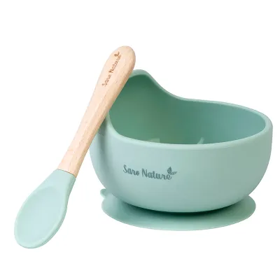 Bol Anti-alunecare Din Silicon Alimentar Si Lingurita, Set De 2 Piese Pentru Diversificare, Mint Pjb173914
