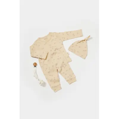 Set 3 piese:bluza, pantaloni si caciulita Printed, BabyCosy, 50% modal+50% bumbac, Stone (Marime: 12-18 Luni) JEMBC-CSYM25504-12