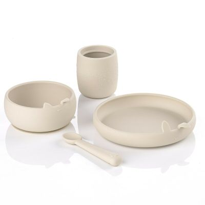 Set complet de masa, Jane, Din silicon, Cu 4 piese, Farfurie, Bol, Lingurita si pahar, BPA free, Sand BYN8420421089507