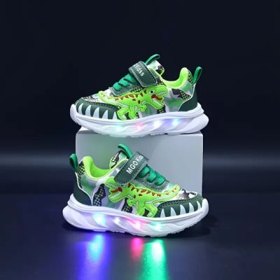 Pantofi sport copii cu luminițe led și design dinozaur verde adt-1