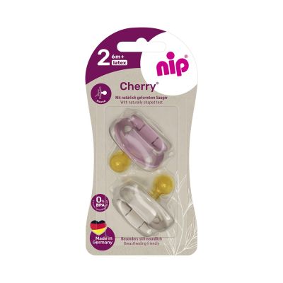 Set 2 suzete Nip Cherry Girl cu tetina rotunda din latex natural, 6+ luni, nip 38884