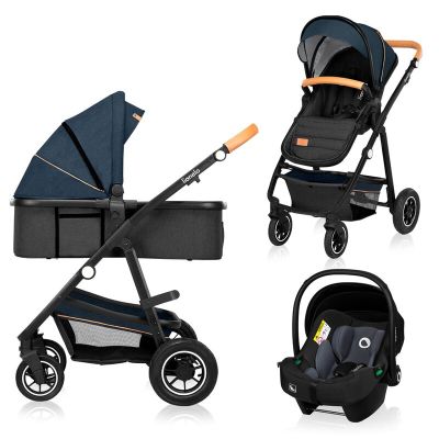 Lionelo - Carucior compact Amber, 3 in 1, Cadru din aluminiu, Cu landou intarit si salteluta moale, Scoica auto, Reversibil, Maner ajustabil, Huse pentru picioare, Plasa de tantari, Husa de ploaie, Geanta parinti, Pana la 22 kg, Albastru BYNLO-AMBER_3IN1_