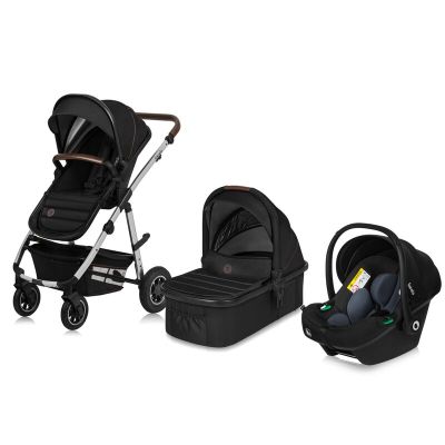 Carucior 3 in 1, Lionelo, Amber, Cadru aluminiu, Cu landou intarit si salteluta moale, Scoica auto, Reversibil, Maner ajustabil, Huse pentru picioare, ploaie, Plasa de tantar, Geanta parinti, Pana la 22 kg, EN1888-1 EN1888-2 EN1466 ECE R44/04, Negru BYNLO