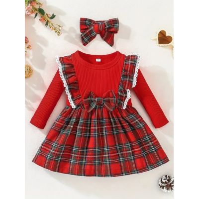 Rochita eleganta rosie cu model in carouri si fundita pentru fetite mbtu17-r1