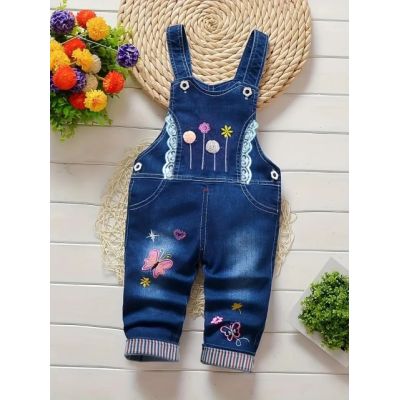 Salopeta din blugi pentru fetite cu broderie florala si fluturi mbtu14-r1