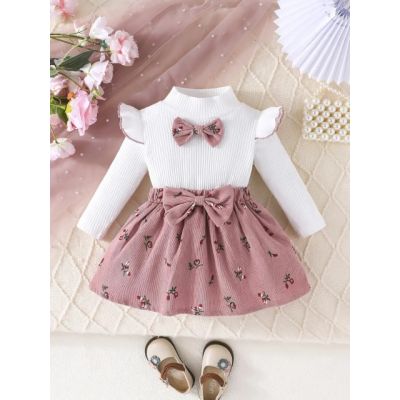 Set pentru fetite – bluzita alba cu papion si fustita roz pudra mdtu20-r1