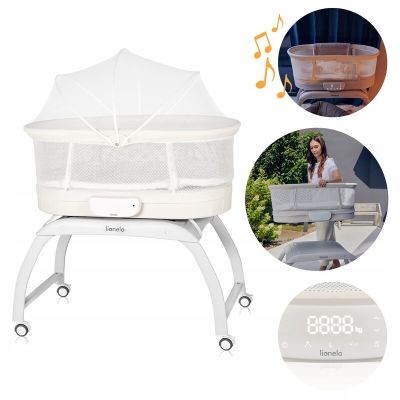 Patut balansoar, Lionelo, Coral, Cu landou ergonomic detasabil, Functie de balansare integrata, Functie de cantar, Sunete si cantece de leagan, Cu roti, Panou tactil sau telecomanda, 0-9 kg, EN 1130:2019+AC:2020,EN 16890:2017+A1:2021, Alb BYNLO-Coral_Whit