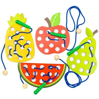 Jucarie Montessori de snuruit, Baby Mix, Dezvolta abilitatile motorii fine, a concentrarii si a rabdarii, Lemn si snur moale din bumbac, 36 luni+, Vegetables and Fruits BYN57339