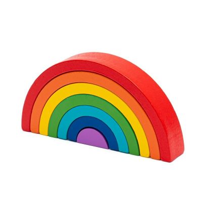 Jucarie pentru stivuire Montessori, Baby Mix, Curcubeu, Stimuleaza abilitatile motorii fine si coordonarea ochi-mana, Din lemn, 7 piese, 36 luni+ BYN57337