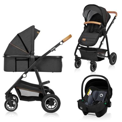 Lionelo - Carucior compact Amber, 3 in 1, Cadru din aluminiu, Cu landou intarit si salteluta moale, Scoica auto, Reversibil, Maner ajustabil, Huse pentru picioare, Plasa de tantari, Husa de ploaie, Geanta parinti, Pana la 22 kg, Gri Grafit BYNLO-AMBER_3IN