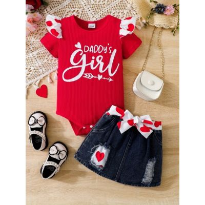 Set body rosu cu mesaj "daddy’s girl" si fusta denim pentru fetite mbtu41-r1