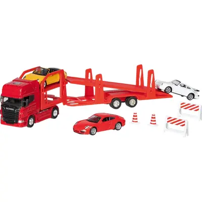 Camion die-cast transportor de masini scania v8, scara 1 la 60-64, lungime 29 cm - okegoki12327