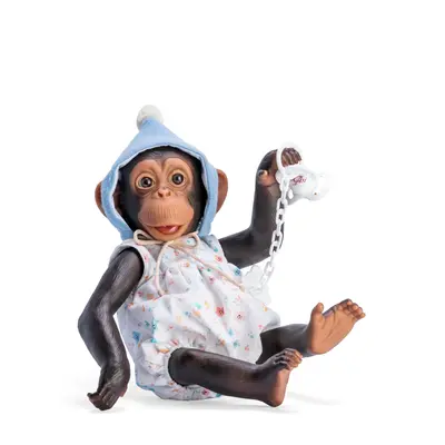 Maimutica reborn cu scutec, costumas cu boneta albastra si suzeta as0607180