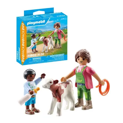 Playmobil - Set 2 figurine Femeie fermier cu copil si vitel ARTPM71803