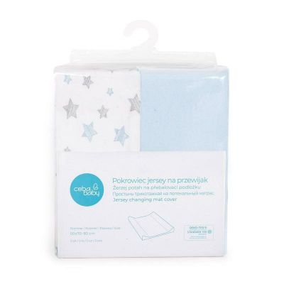 Set 2 huse, Ceba Baby, Pentru saltea de infasat, 50x70 cm, Certificat Oeko-Tex Standard 100, Bumbac, Blue/Blue Stars BYNW-829-160-603
