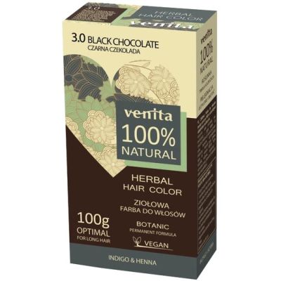 Vopsea de par pulbere, pe baza de plante, naturala 100%, Venita, Nr 3.0, Ciocolata Neagra, 100g