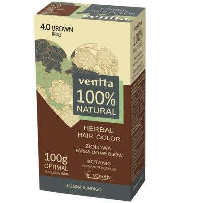 Vopsea de par pulbere, pe baza de plante, naturala 100%, Venita, Nr 4.0, Maro, 100g