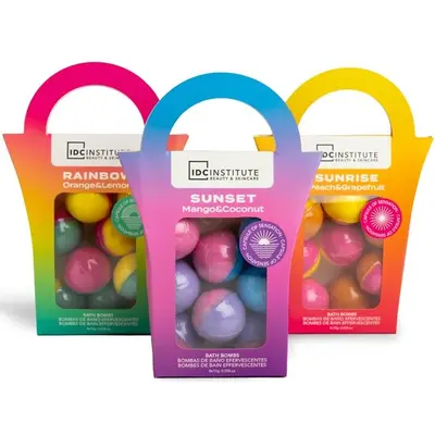 Pachet 12 seturi cu 8 bile efervescente de baie Sunrise/Sunset/Rainbow, IDC Institute 99025, 8 x 15g
