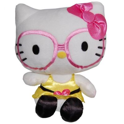 Jucarie din plus Hello Kitty cu ochelari si rochie galbena, 23 cm